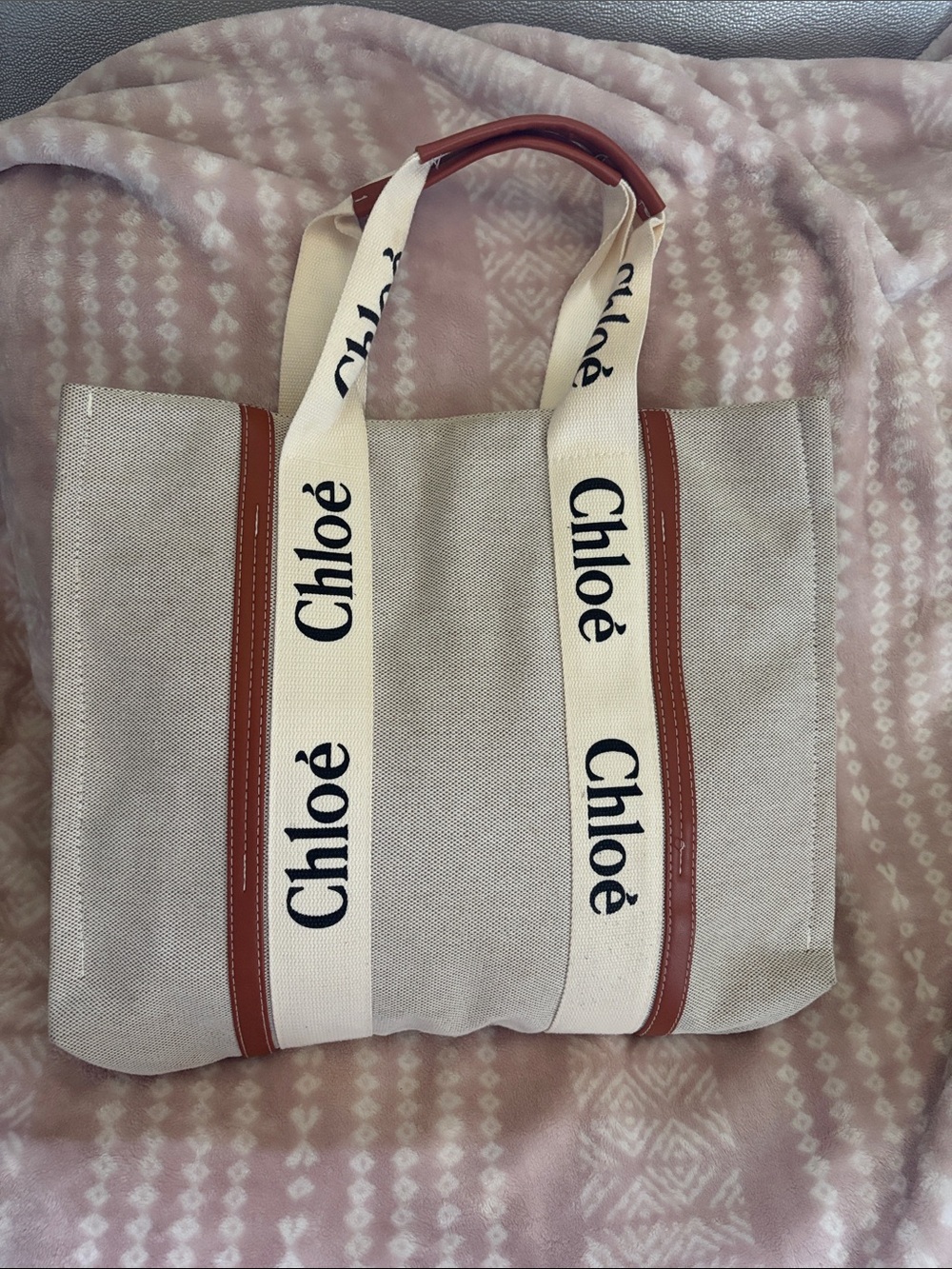 Beige Canvas Tote Bag with Brown Trim